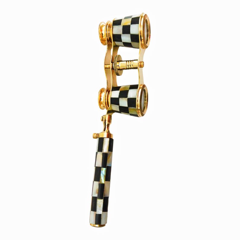Brass Opera Glasses with Wooden Box — Black and White Mother of Pearl view 4