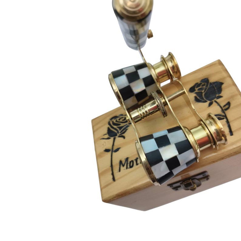 Brass Opera Glasses with Wooden Box — Black and White Mother of Pearl view 7