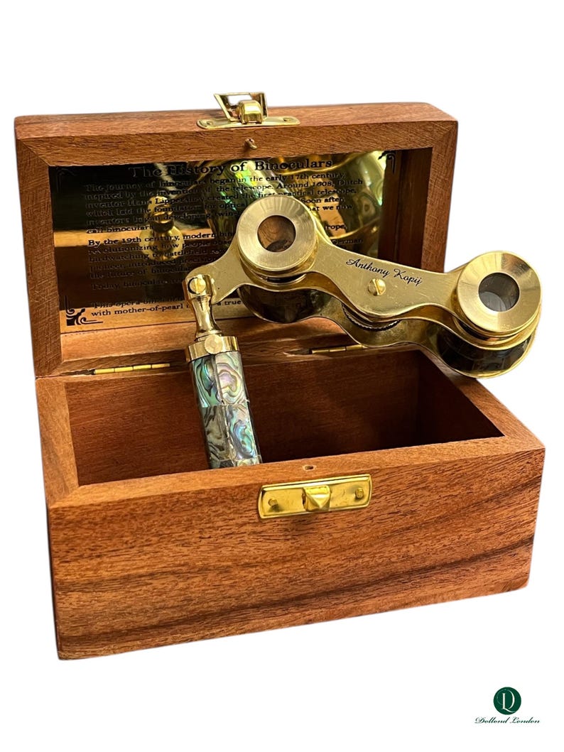 Brass Opera Glasses with Wooden Box — Abalone Inlay view 6