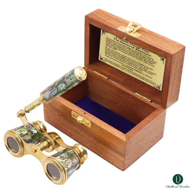 Brass Opera Glasses with Wooden Box — Abalone Inlay view 7