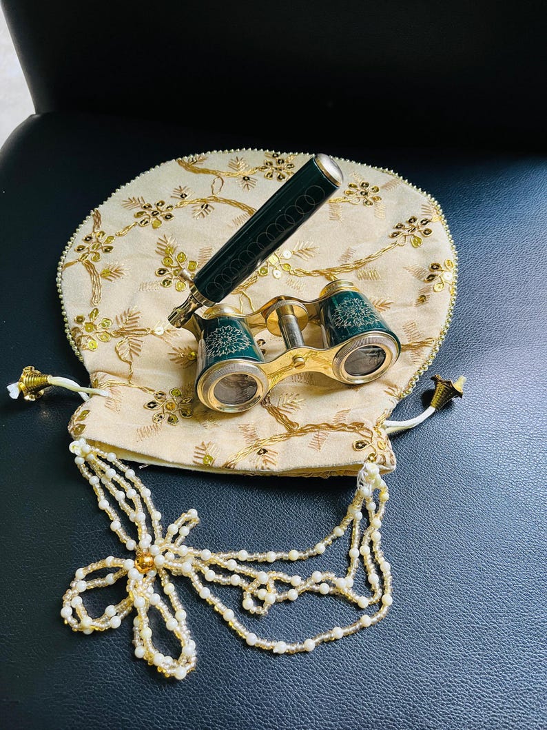Brass Opera Glasses with Velvet Case — Dark Green Enamel view 2