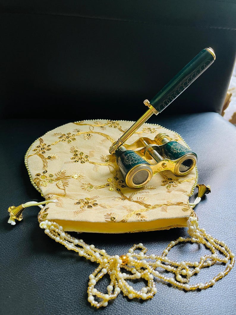 Brass Opera Glasses with Velvet Case — Dark Green Enamel view 3
