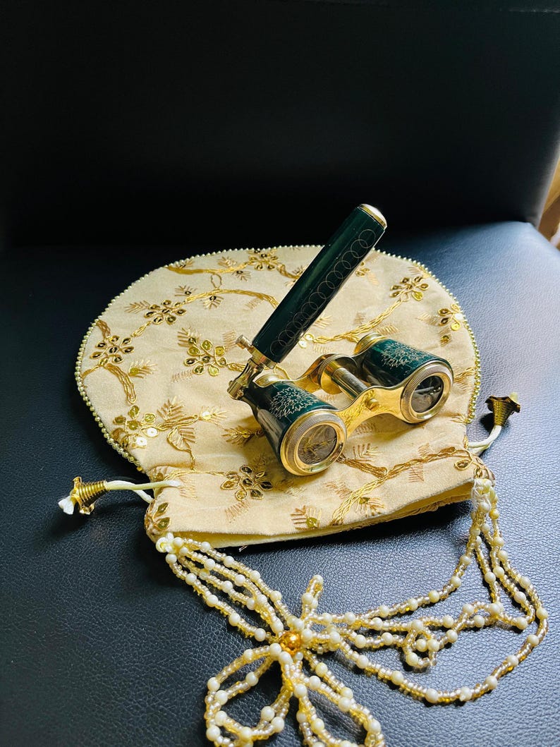 Brass Opera Glasses with Velvet Case — Dark Green Enamel view 4