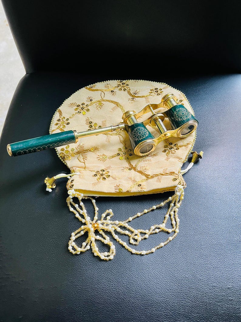 Brass Opera Glasses with Velvet Case — Dark Green Enamel view 7