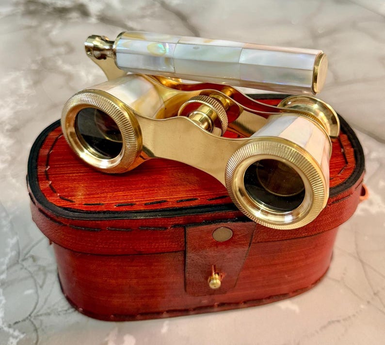 Brass Opera Glasses with Red Leather Case — Mother of Pearl view 3