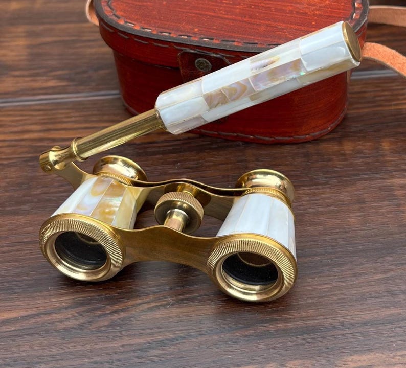 Brass Opera Glasses with Red Leather Case — Mother of Pearl view 4