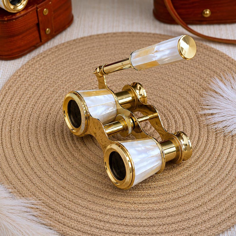Brass Opera Glasses with Red Leather Case — Mother of Pearl view 5