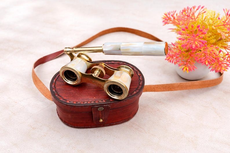 Brass Opera Glasses with Red Leather Case — Mother of Pearl view 7