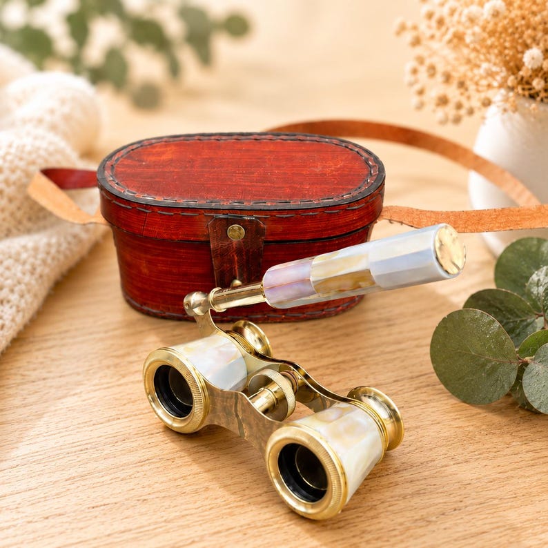Brass Opera Glasses with Red Leather Case — Mother of Pearl view 8