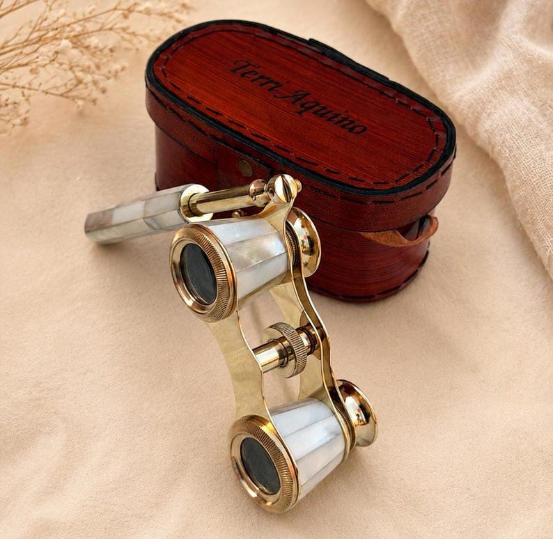 Brass Opera Glasses with Red Leather Case — Mother of Pearl view 9