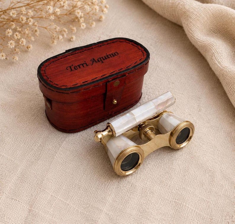 Brass Opera Glasses with Red Leather Case — Pearl Inlay Variant view 3