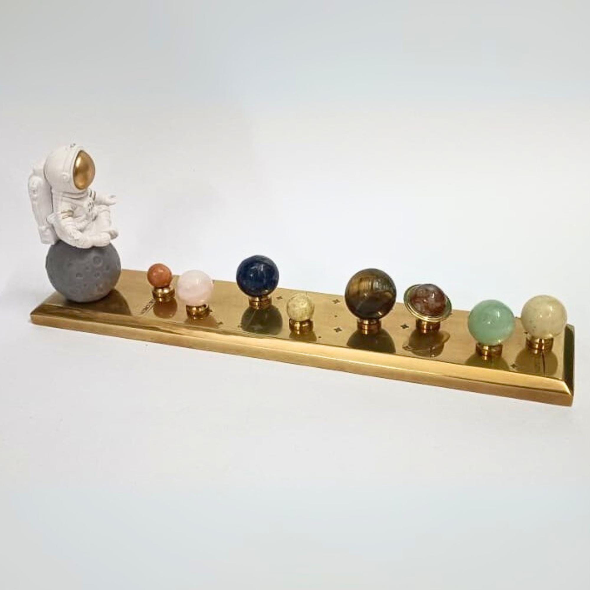 Solar System Stones Desk Model with Astronaut, All Planets Crafted from Semi-Precious Stones and Solid Brass Base and Stands view 3
