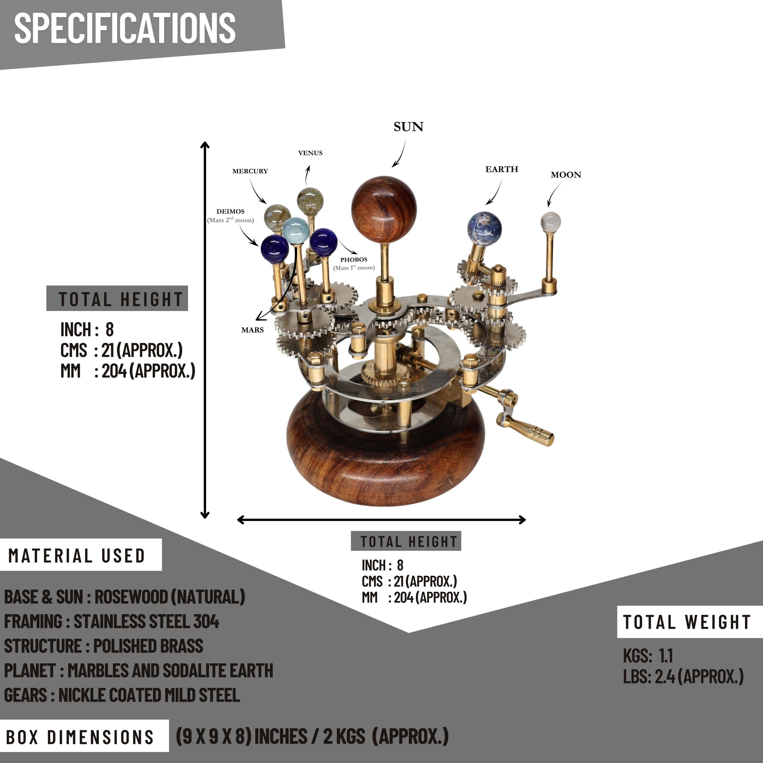 Brass Solar System Orrery, Hardwood Base view 3