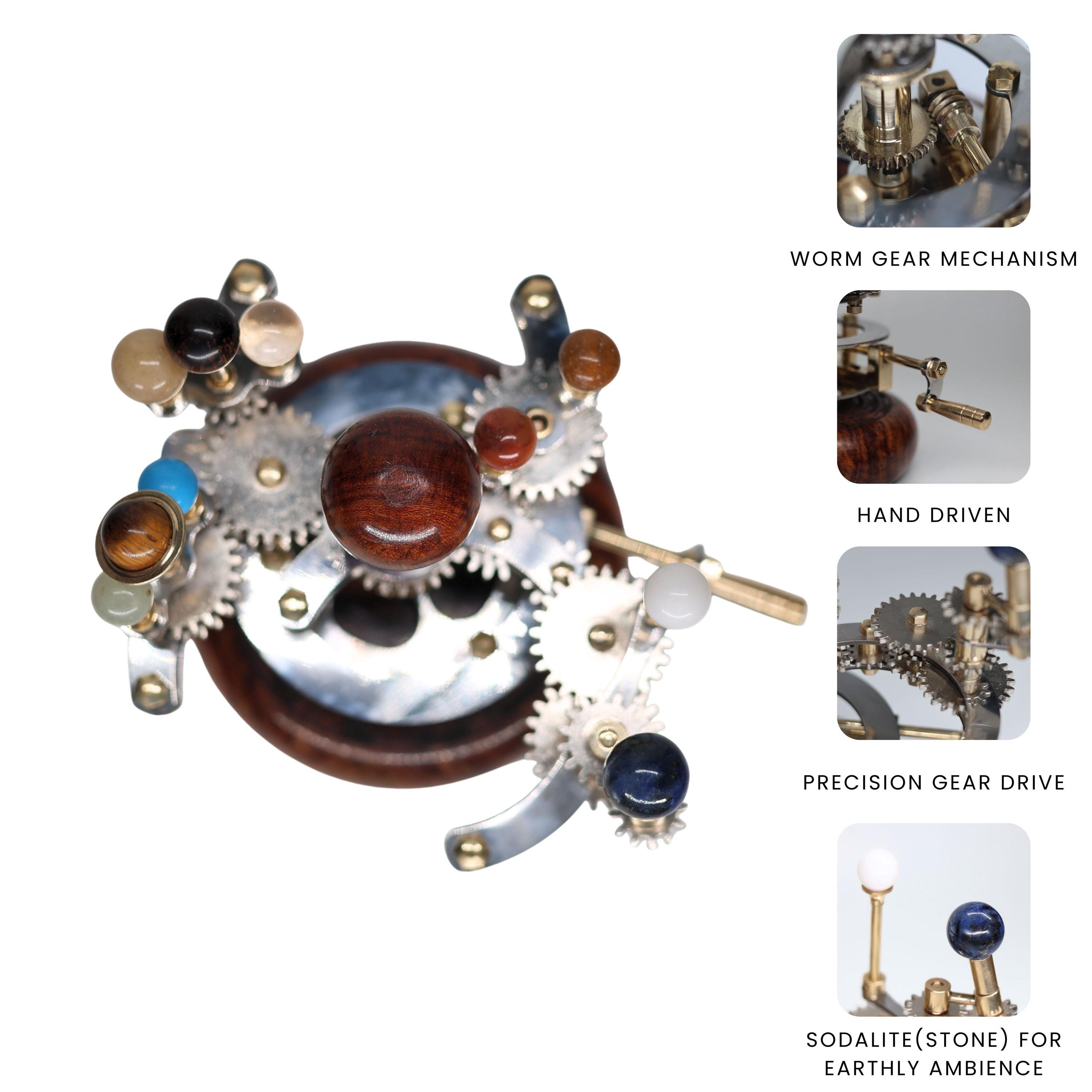 Brass Orrery with Semi-Precious Stones and Teakwood Base view 3