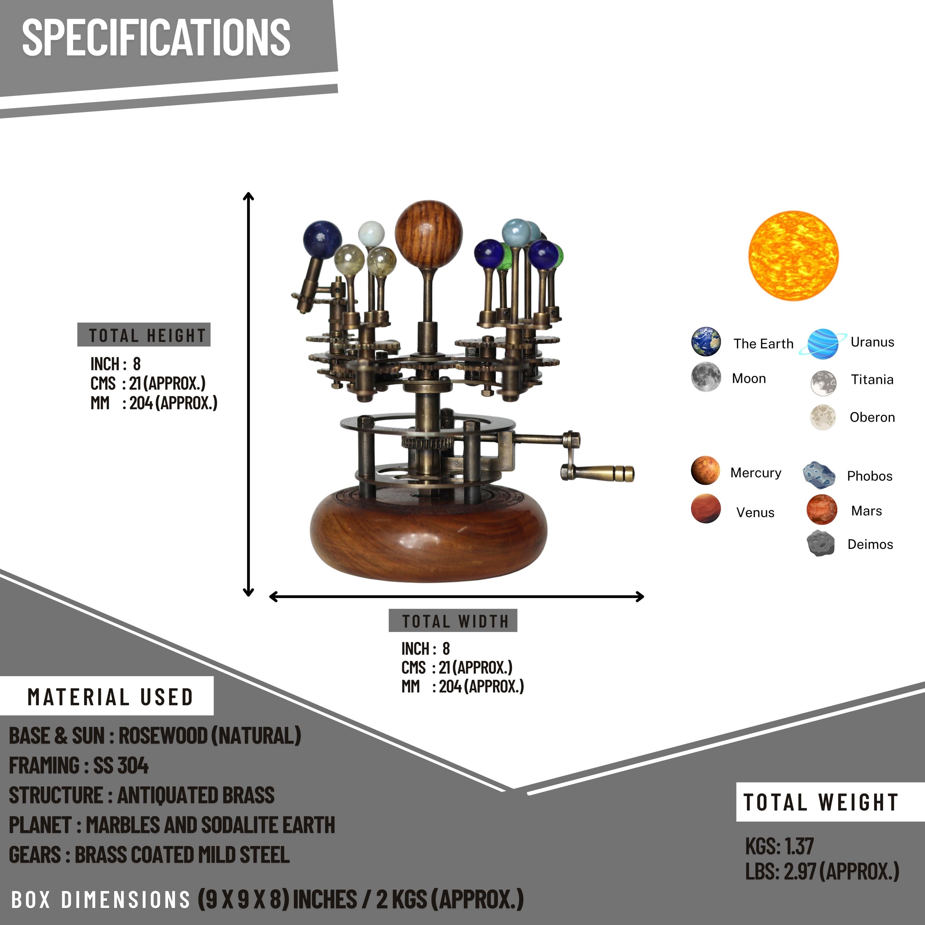 Brass Solar System Orrery, Teakwood Luxury Edition view 3