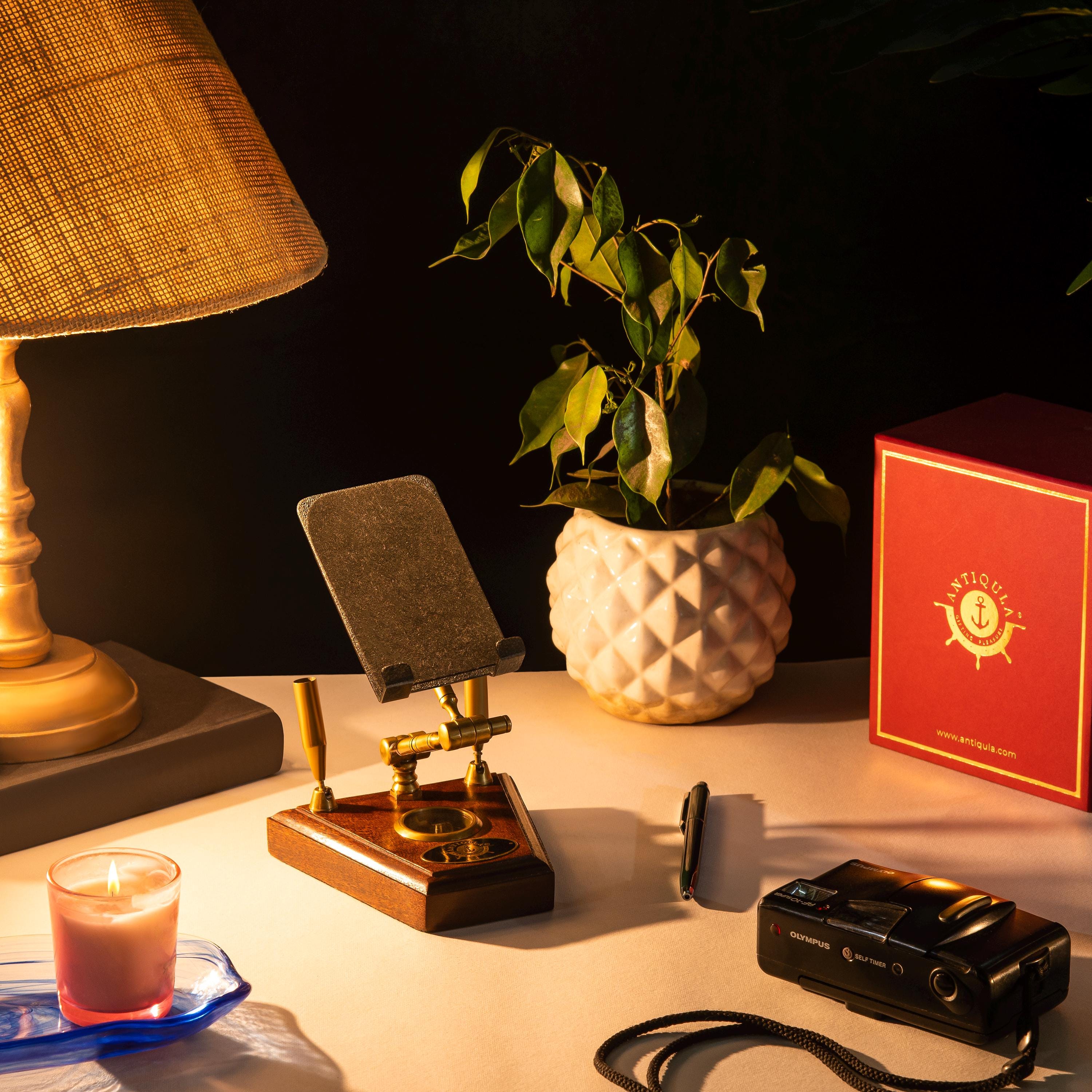 Brass & Wood Mobile Stand with Compass view 3