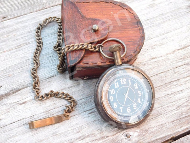 Brass Pocket Watch — Leather Case & Chain view 2
