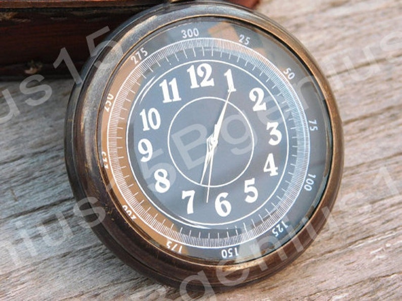 Brass Pocket Watch — Leather Case & Chain view 3