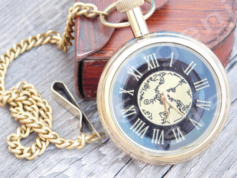 Gold-Tone Pocket Watch — Leather Case & Chain view 2