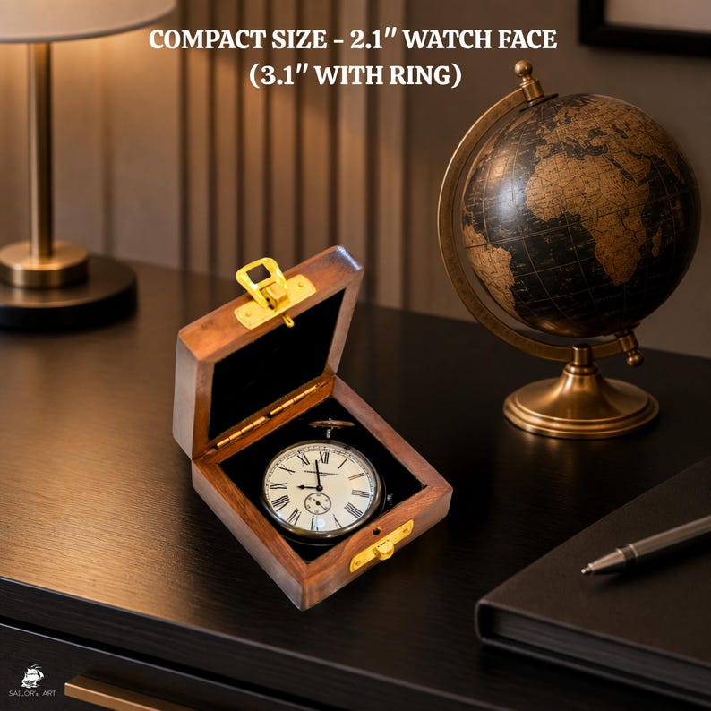 Brass Pocket Watch with Chain and Wooden Box view 2