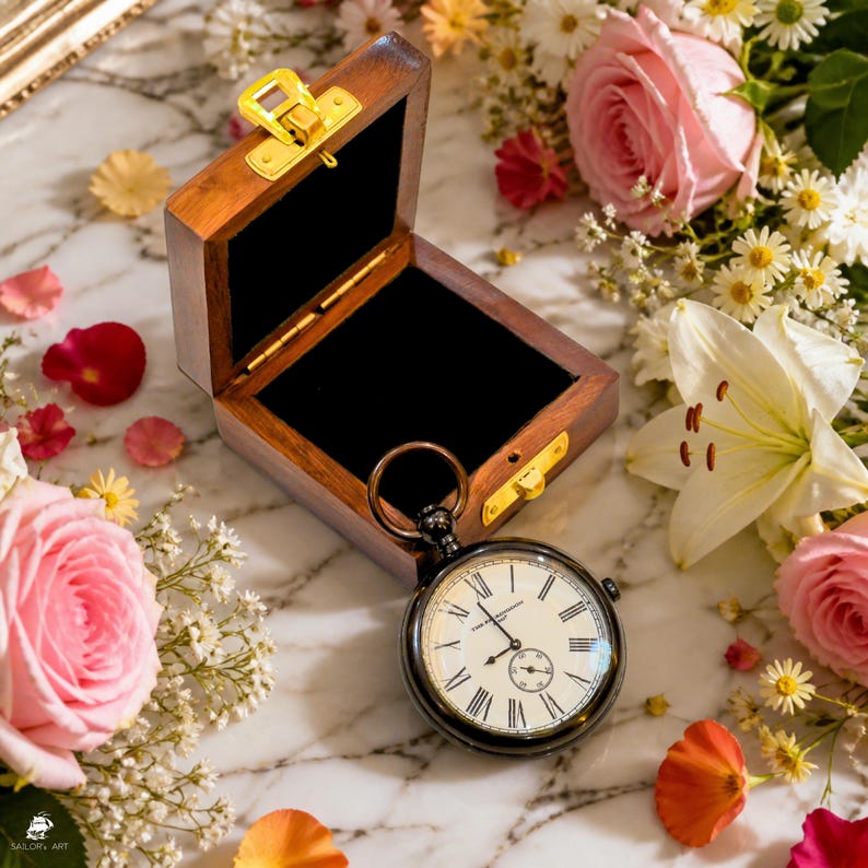 Brass Pocket Watch with Chain and Wooden Box view 3