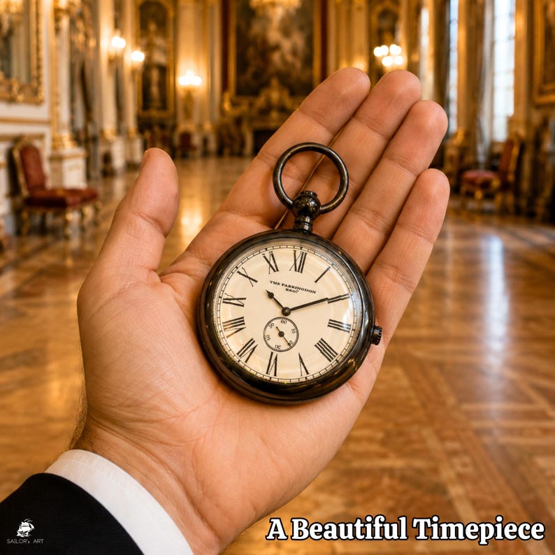 Brass Pocket Watch with Chain and Wooden Box view 6