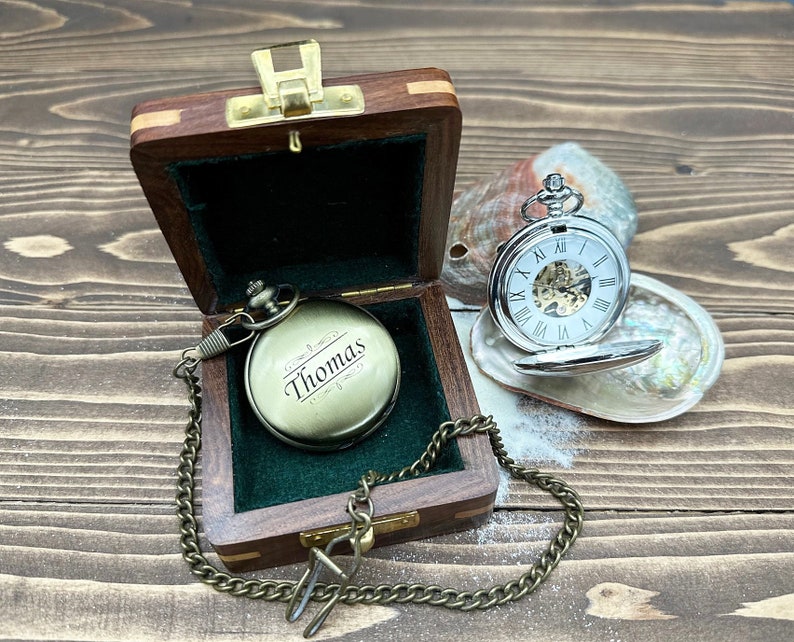Brass Pocket Watch — Push-Button Lid & Wooden Box view 7