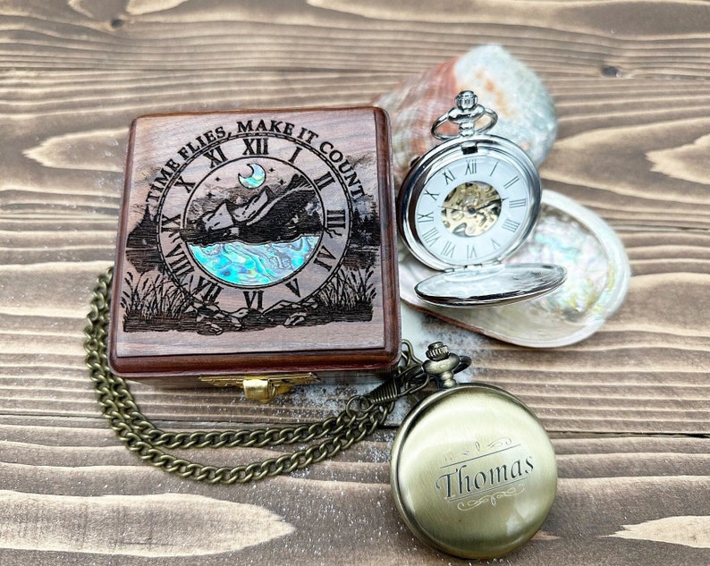 Brass Pocket Watch — Push-Button Lid & Wooden Box II view 11