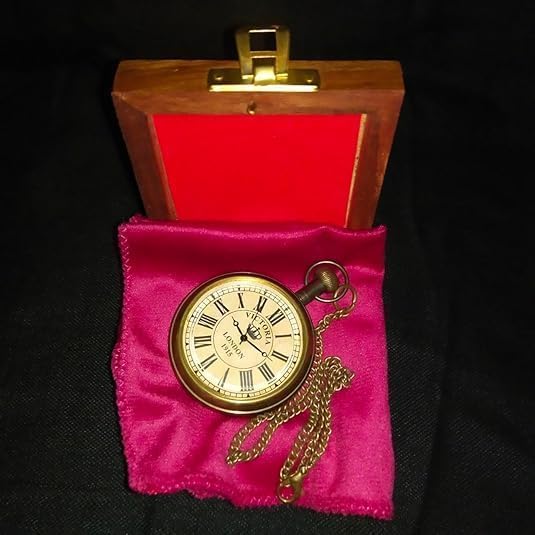 Brass Pocket Watch — Embossed Back & Wooden Box view 2