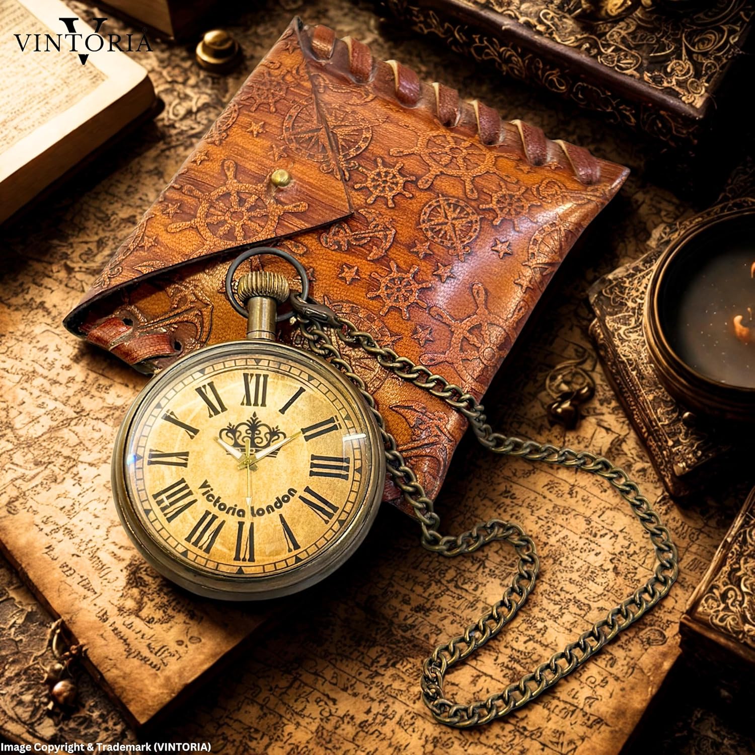 Brass Pocket Watch — Square Leather Case view 2