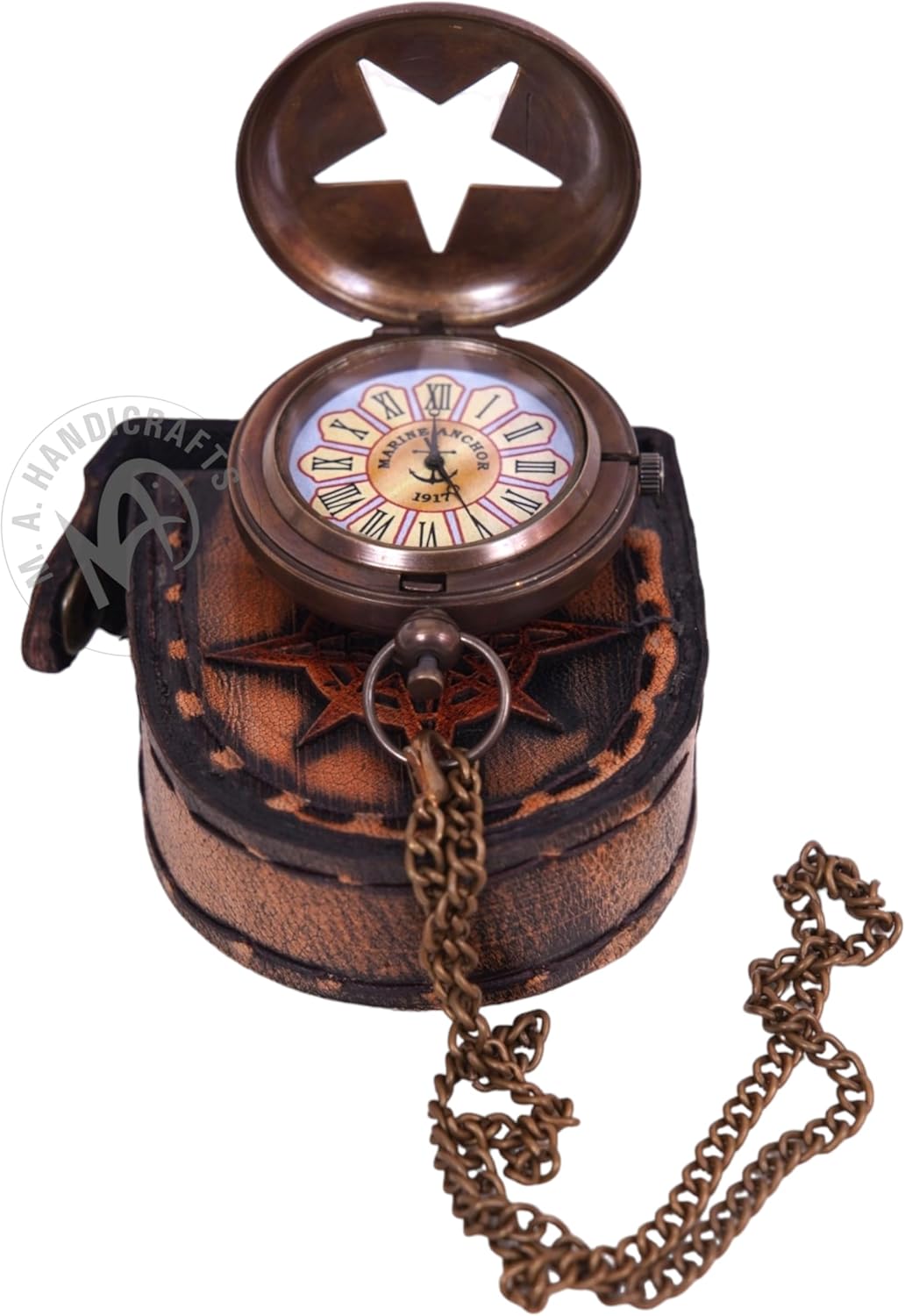 Brass Pocket Watch — Push-Button Leather Case view 2