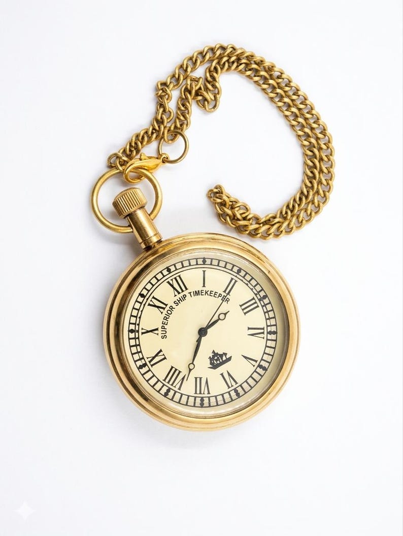 Brass Pocket Watch — Victoria Engraving with Chain view 4