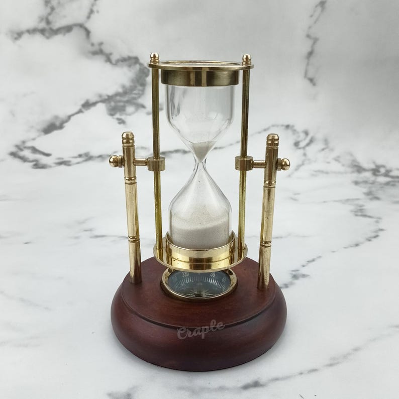 Rotating Brass Hourglass with Wooden Base and Compass, 2-Minute, White Sand view 2