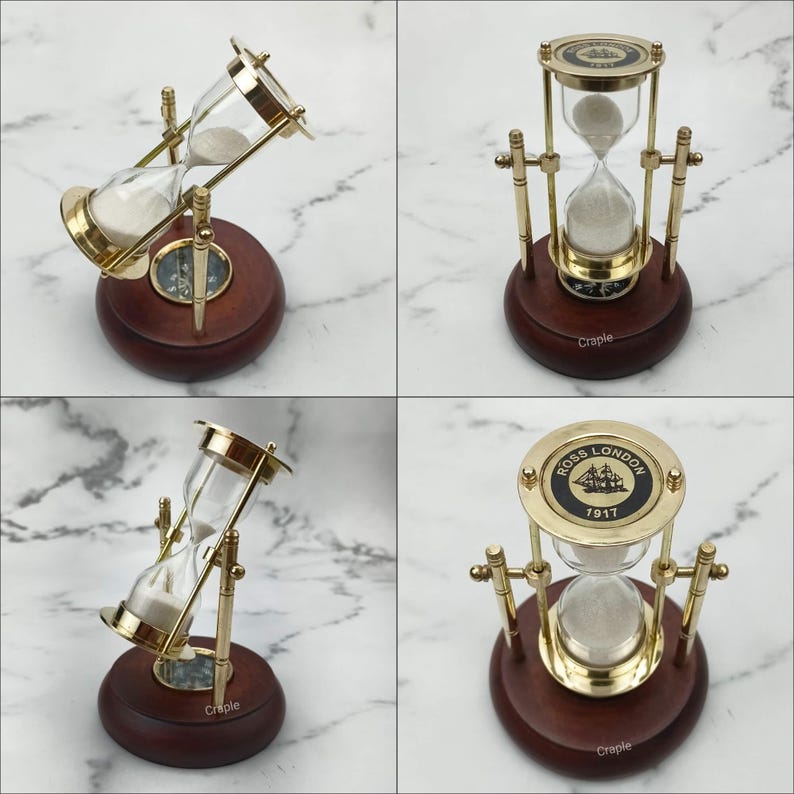 Rotating Brass Hourglass with Wooden Base and Compass, 2-Minute, White Sand view 5