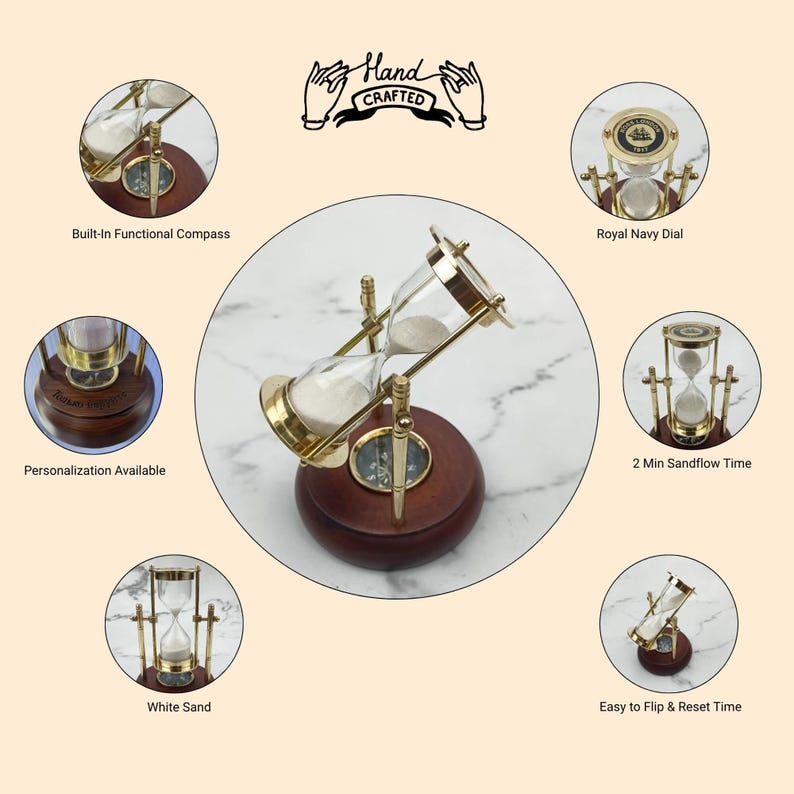 Rotating Brass Hourglass with Wooden Base and Compass, 2-Minute, White Sand view 6