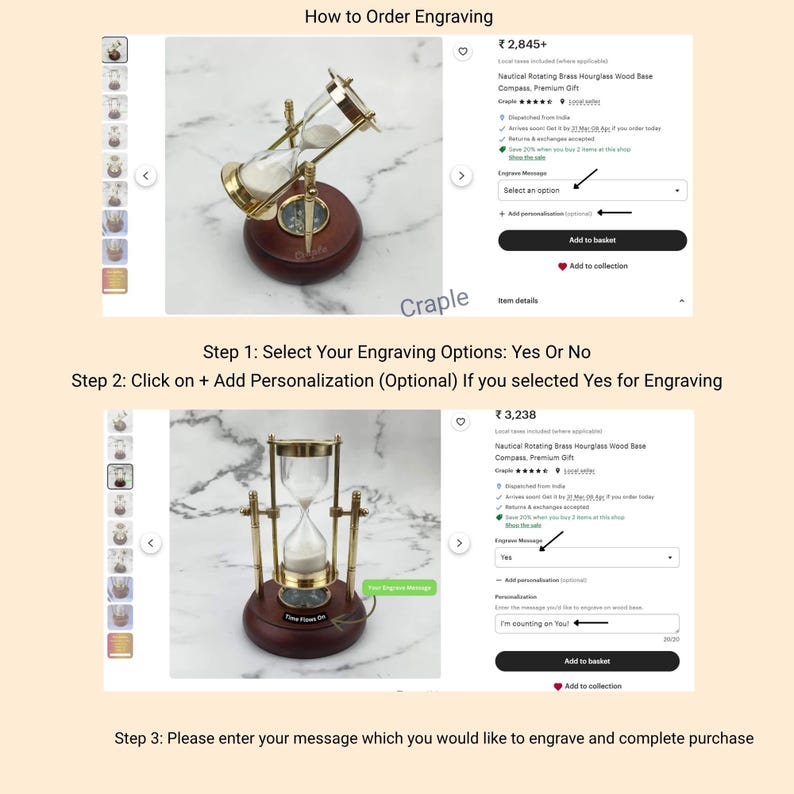 Rotating Brass Hourglass with Wooden Base and Compass, 2-Minute, White Sand view 8