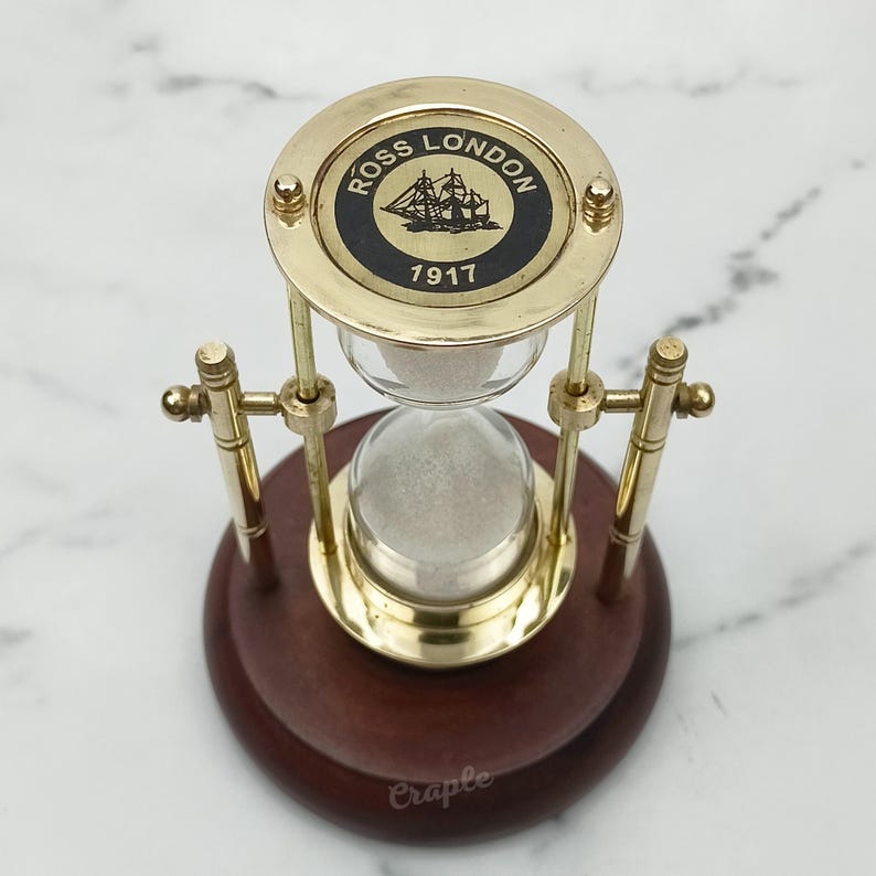 Rotating Brass Hourglass with Wooden Base and Compass, 2-Minute, White Sand view 10