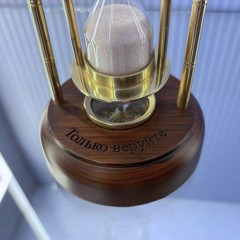 Rotating Brass Hourglass with Wooden Base and Compass, 2-Minute, White Sand view 11