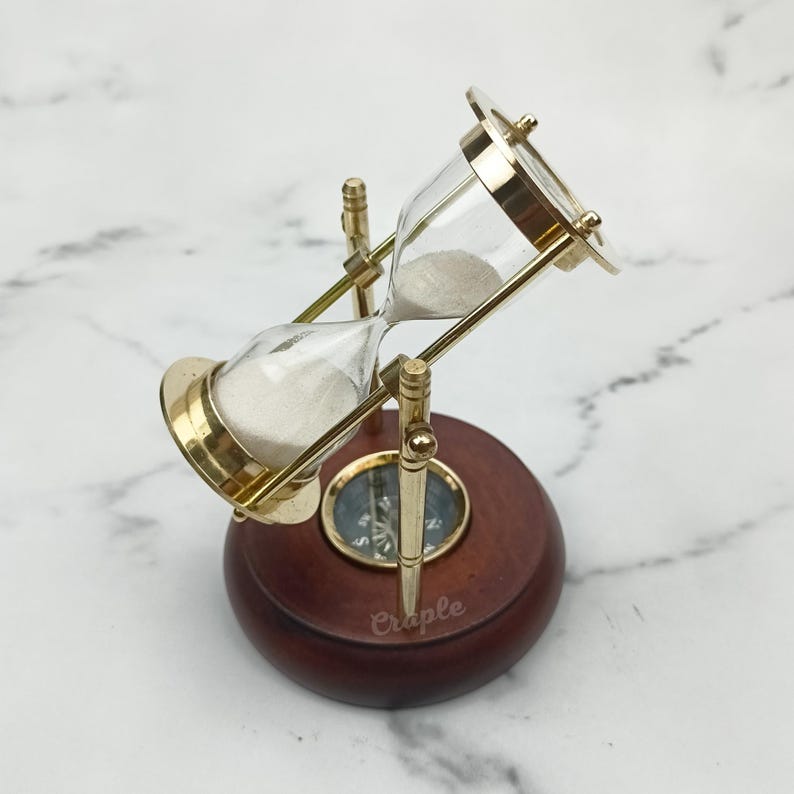 Rotating Brass Hourglass with Wooden Base and Compass, 2-Minute, White Sand view 13