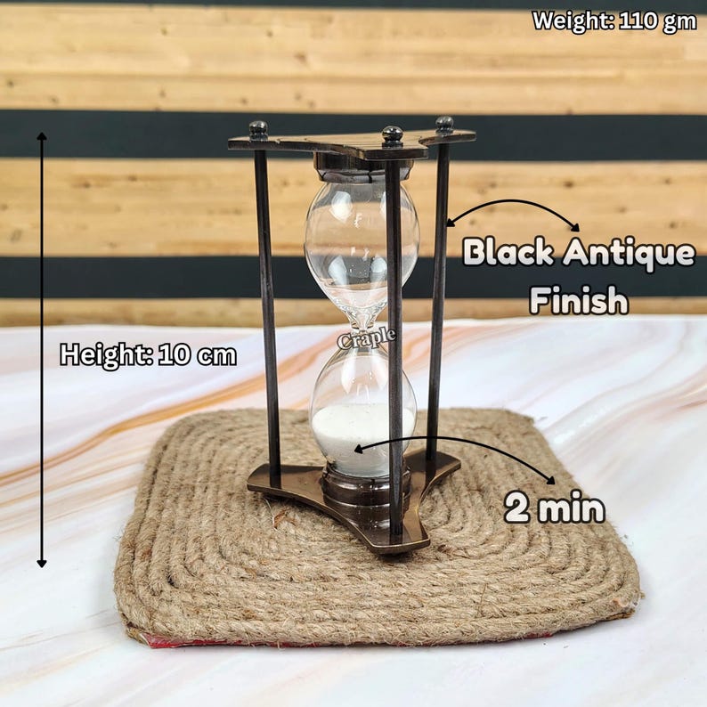 Black Antique Brass Hourglass, 2-Minute, Engraved Finish, White Sand view 9