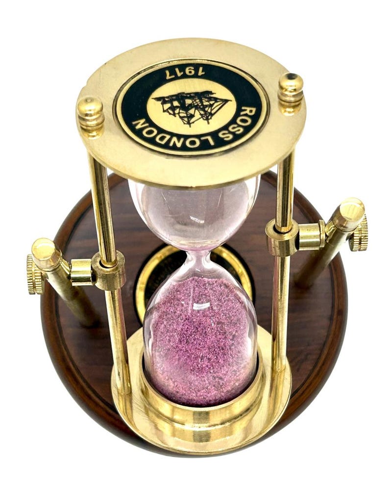 Rotating Brass Hourglass with Wooden Base and Compass, 2-Minute, Pink Sand view 2