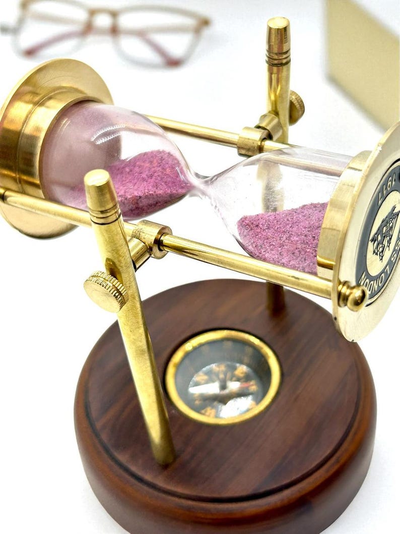 Rotating Brass Hourglass with Wooden Base and Compass, 2-Minute, Pink Sand view 3