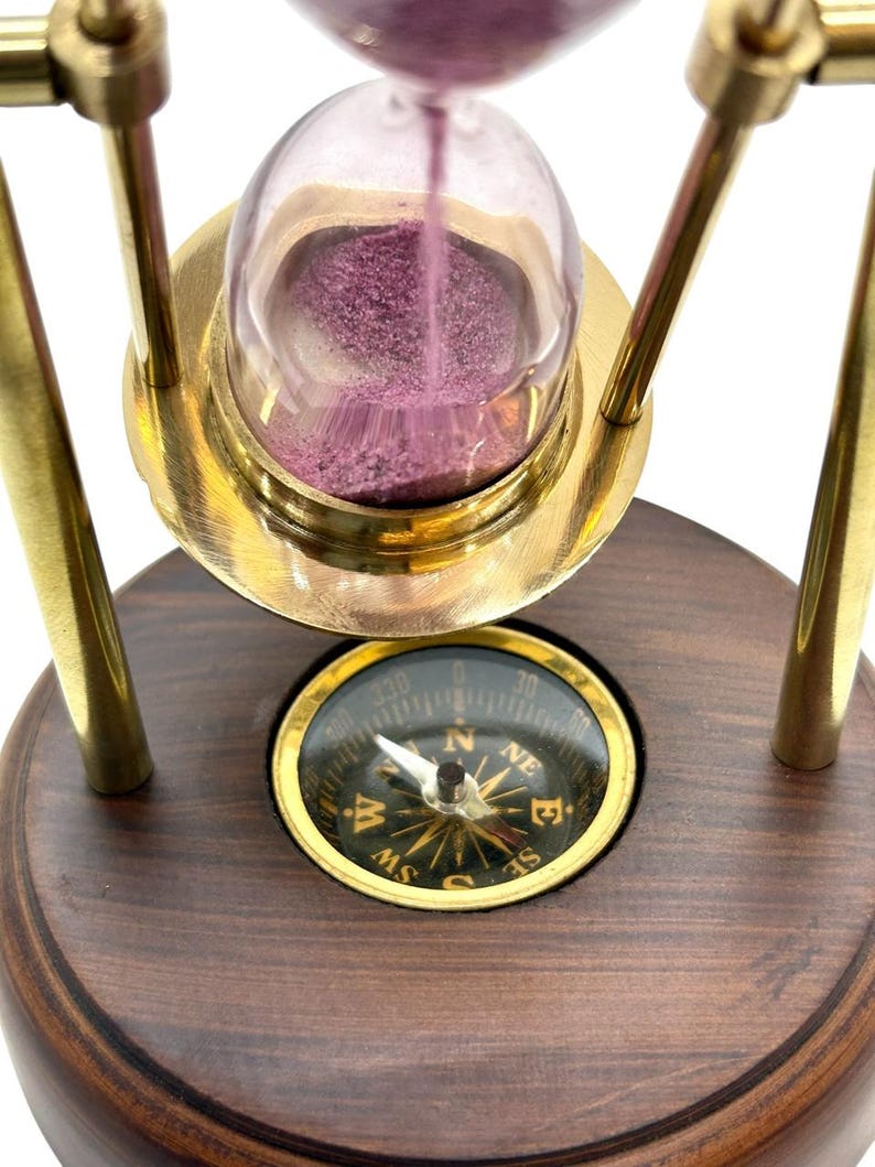 Rotating Brass Hourglass with Wooden Base and Compass, 2-Minute, Pink Sand view 5