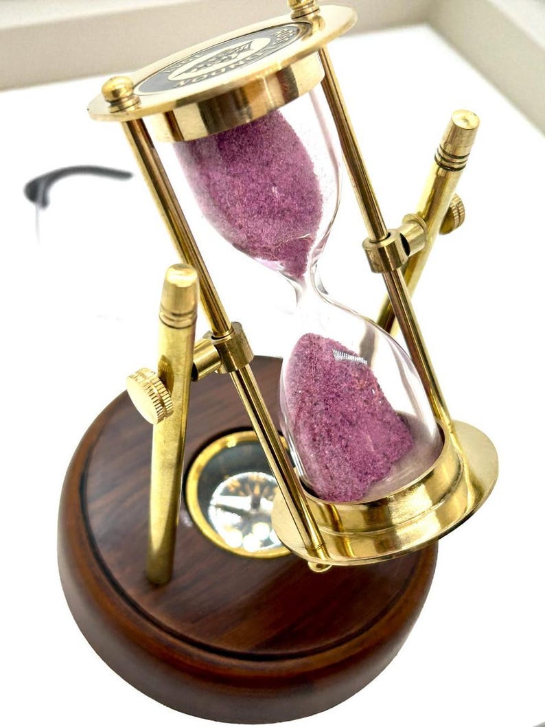Rotating Brass Hourglass with Wooden Base and Compass, 2-Minute, Pink Sand view 7