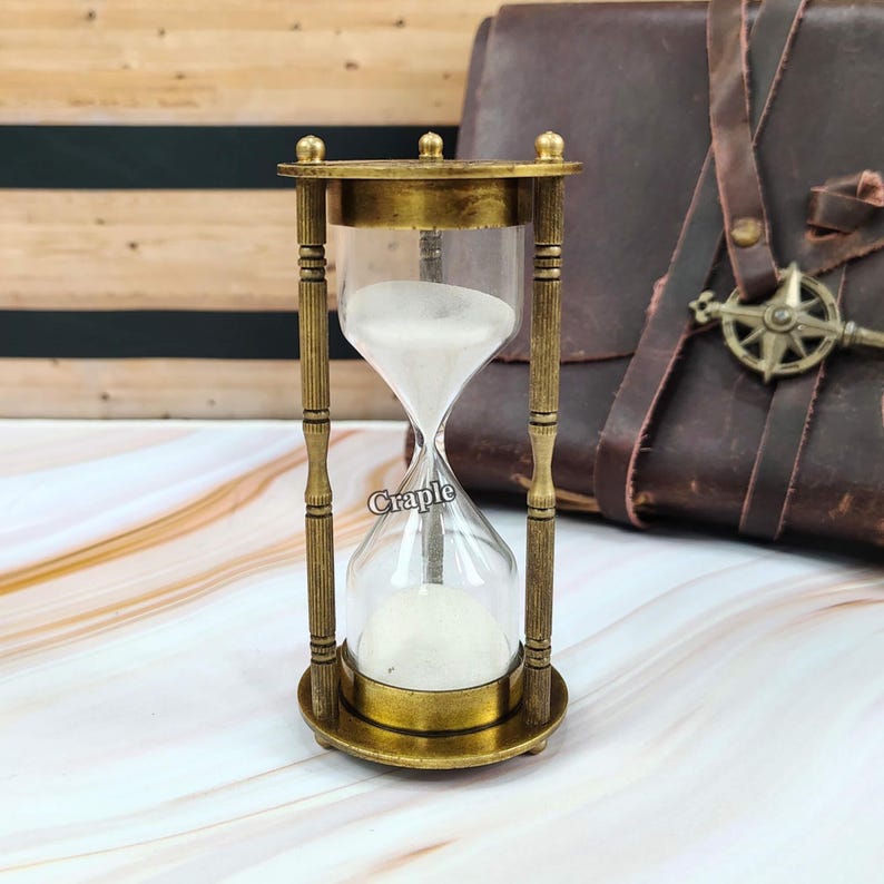 Antique Brass Hourglass with Wood Base, 3-Minute, White Sand view 3
