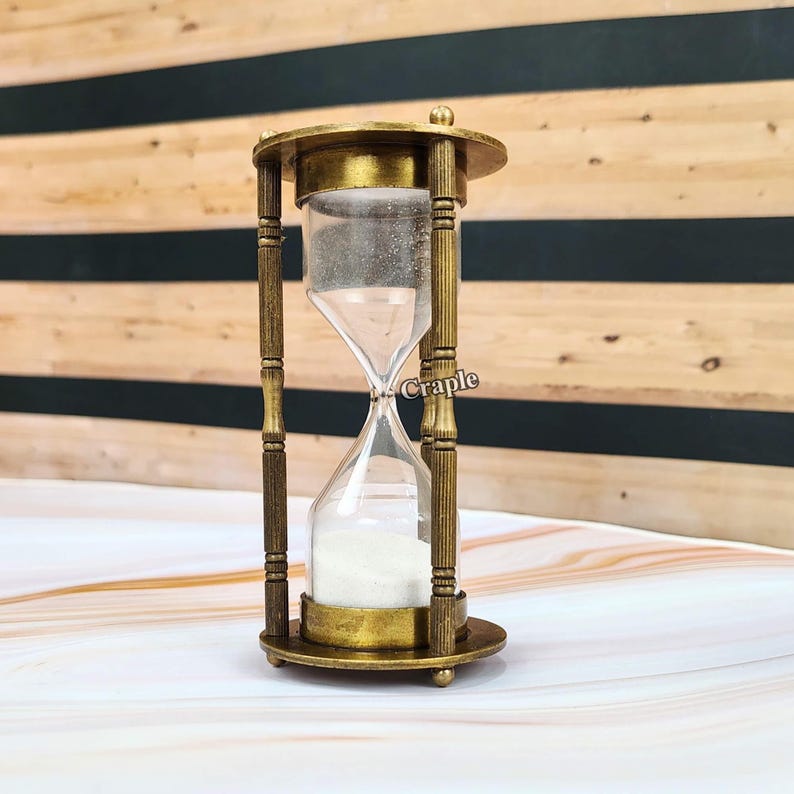 Antique Brass Hourglass with Wood Base, 3-Minute, White Sand view 10