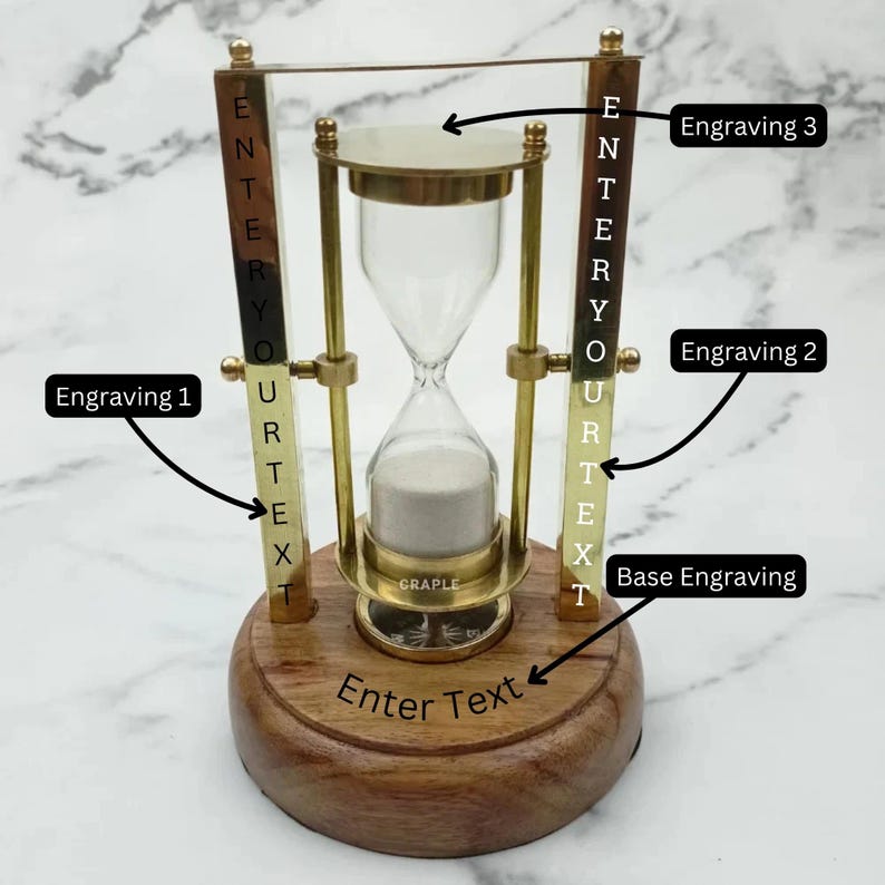 Rotating Brass Hourglass with Wooden Base and Compass, 3-Minute, White Sand view 2