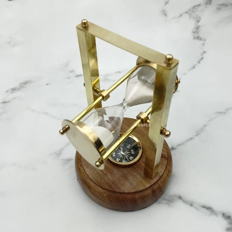 Rotating Brass Hourglass with Wooden Base and Compass, 3-Minute, White Sand view 3