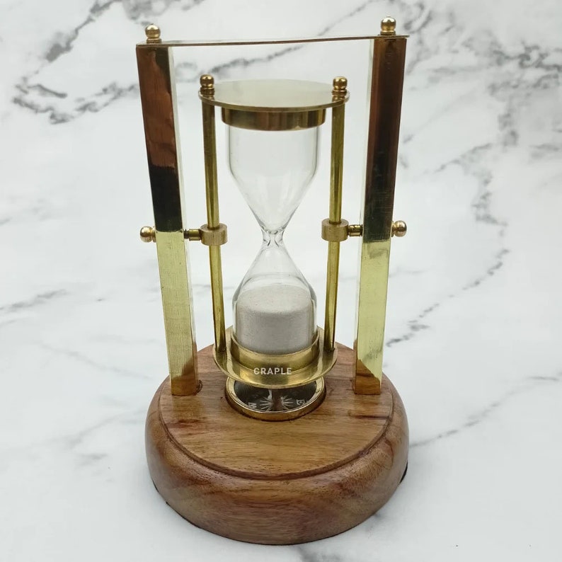 Rotating Brass Hourglass with Wooden Base and Compass, 3-Minute, White Sand view 4