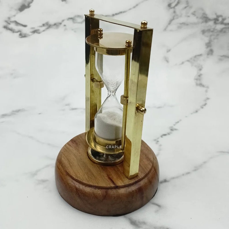 Rotating Brass Hourglass with Wooden Base and Compass, 3-Minute, White Sand view 5